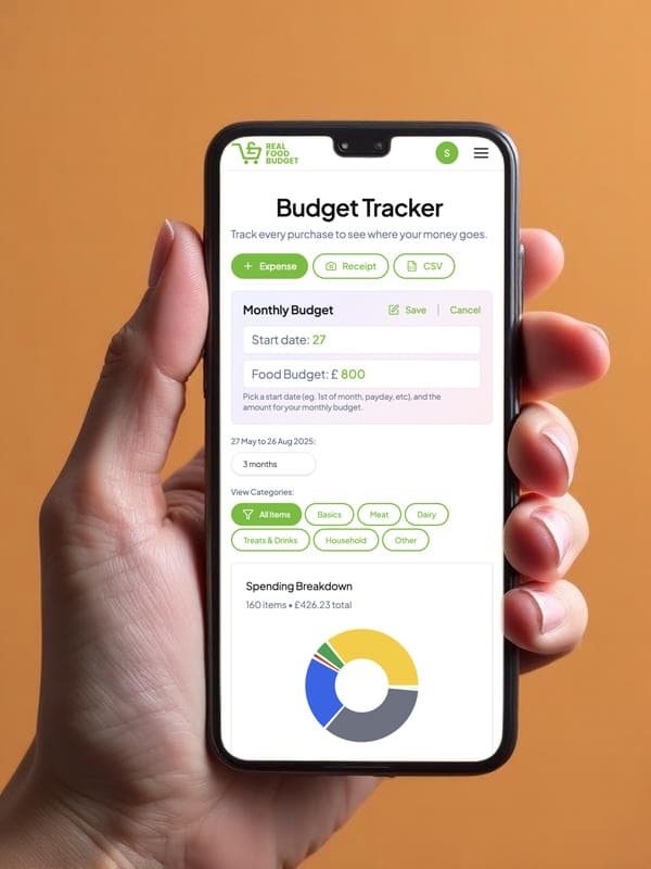 Mobile view of the budget tracker app showing daily spending and savings progress